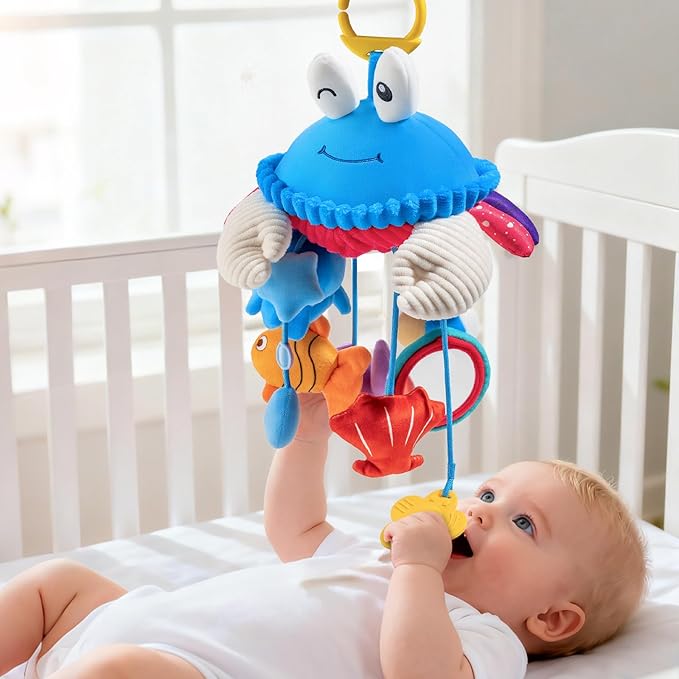 Hanging Activity Toy for Car Seat, Stroller, Crib & Play Gym, Sensory Crab Plush Toy for Babies 0-12 Months, Tummy Time, Motor Skills Development, Montessori Toy with Mirror, Rattle & Teether