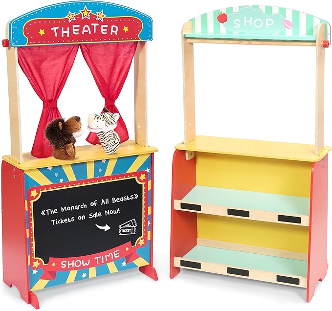 Wooden Puppet Theater Bonus 2 Hand Puppet, Double-Sided Lemonade Stand & Puppet Show Theater for Kids, Wood Deluxe Children Puppet Theatre Toy with Chalkboard
