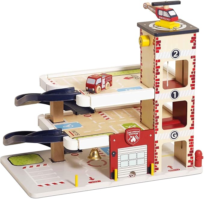 Le Toy Van Wooden 3 Storey Fire & Rescue Garage Toy Car Play Set, Vehicle Role Play Toys, Suitable for 36+ Months, TV453