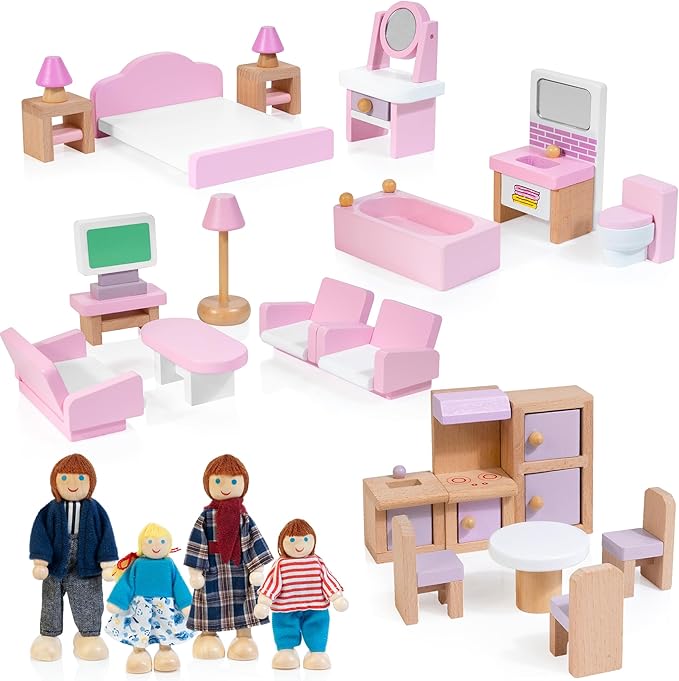 26pcs Wooden Dollhouse Furniture Set with 4 Family Dolls, Pink Dollhouse Accessories for 4 Rooms, Pretend Play Furniture Toy, Birthday Gift for Girls Boys Age 3 4 5 6 Years Old