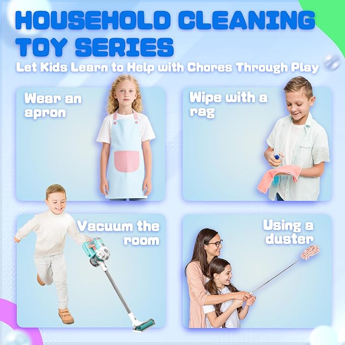 SMILESSKIDDO Kids Vacuum That Really Works - 3-in-1 Toy Vacuum with Real Suction, Apron, Cleaning Cloth, Duster & Colorful Beads, Toddler Cleaning Toy Set, Housekeeping Toy Gifts for Girls & Boys