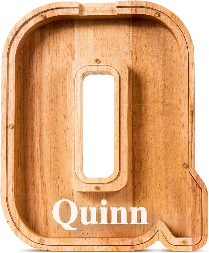 Summidate Customized Name Large Wooden Piggy Bank for Kids Boys Girls Alphabets Letter A-Z Coins Bills Money Change Bank Box Initial on Clear Cover (Laser Engraved) (Alphabet-Q, Personalized-9")