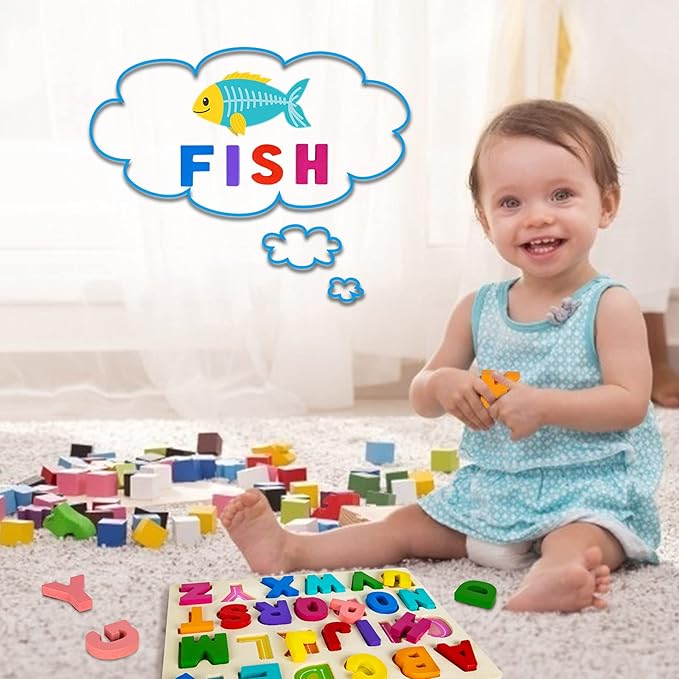 Alphabet Puzzle Wooden Puzzles for Toddlers 3 4 5 Year Old, ABC Puzzle Shape Alphabet Learning Puzzles Toys with Puzzle Board & Letter Blocks, Preschool Educational for Girls Boys