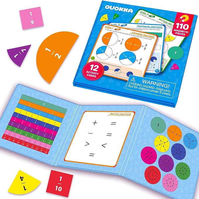 QUOKKA Magnetic Fractions Learning Set for Kids Ages 6-12 – Hands-On Math Games for Homeschooling, Classrooms & Travel – 110 Magnets, 12 Task Pages, Marker – Montessori Educational Toy Puzzles