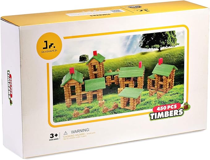 SainSmart Jr. 450 PCS Wooden Log Cabin Set Building House Toy for Toddlers, Classic STEM Construction Kit with Colorful Wood Logs Blocks for 3+ Years Old (20-338)