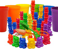 Skoolzy Rainbow Stacking Bears with Matching Sorting Cups 69 Piece Set, 60 Bear counters, Scissor Tongs, Rainbow Cups, Storage Bag, Sorting dice Game