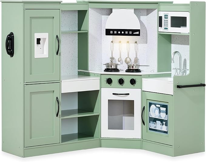 Best Choice Products Pretend Play Corner Kitchen, Ultimate Interactive Wooden Kids Playset w/Lights & Sounds, Ice Maker, Hood - Sage