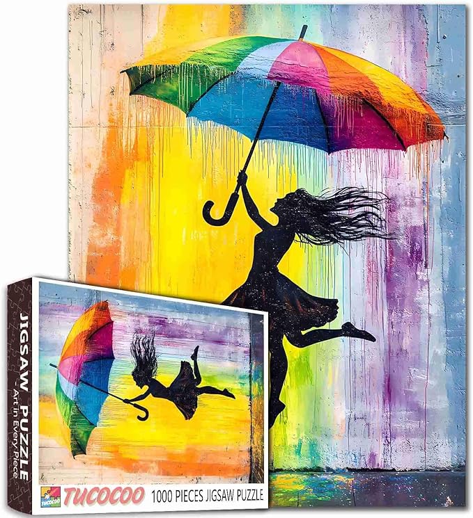 Tucocoo 1000 Pieces Jigsaw Puzzles for Adults Joyfully Girl Street Art Jigsaw Puzzle Rainbow Umbrella Art Puzzles for Challenging Family Activity Game Colorful DIY Crafts Puzzle Wall Decor Gifts