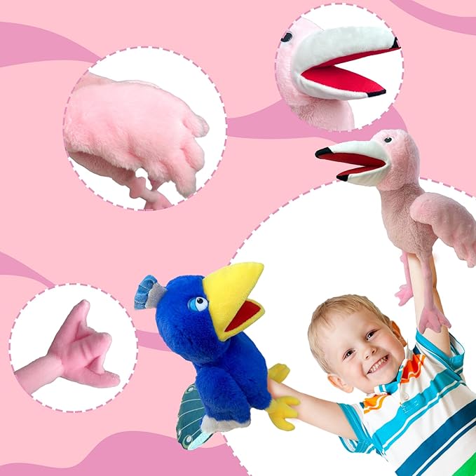 Puppets bird Flamingo Hand Puppet,13.8"Animal Puppet Flamingo Hand Puppets Stuffed Animal Puppet for Kids with Movable Mouth,Puppet Plush Multi-color Toys Bird Puppet Role Play Teaching(Pink)