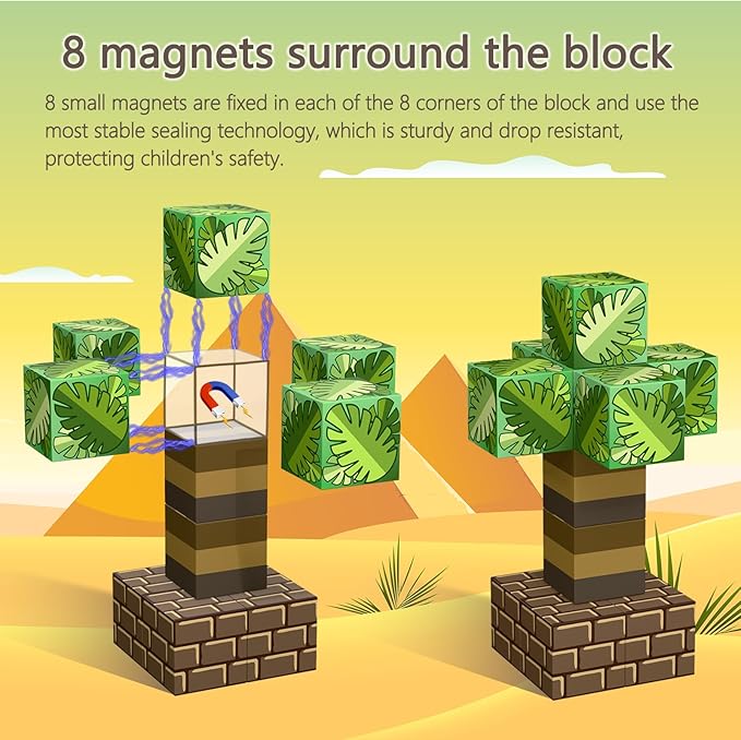 Magnetic Blocks -150 PCS Magnetic Building Blocks with 4 pcs Light Blocks 0.8",Stacking Mine Magnet Desert World Craft Cubes Toddler Kids STEM Toys,Birthday for Boys & Girls Age 3 4 5 6 7 8-12 Years