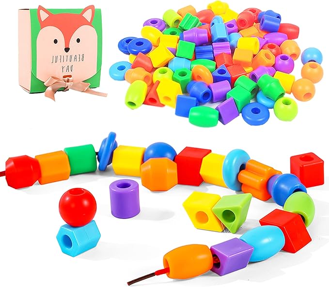 Plastic Lacing Beads for Kids with Fun Shapes, Long String, and Brilliant Colors, Educational Occupational Therapy Toys-Fine Motor Toys，Montessori Toy for 3 Year Old and Above（70 pcs）