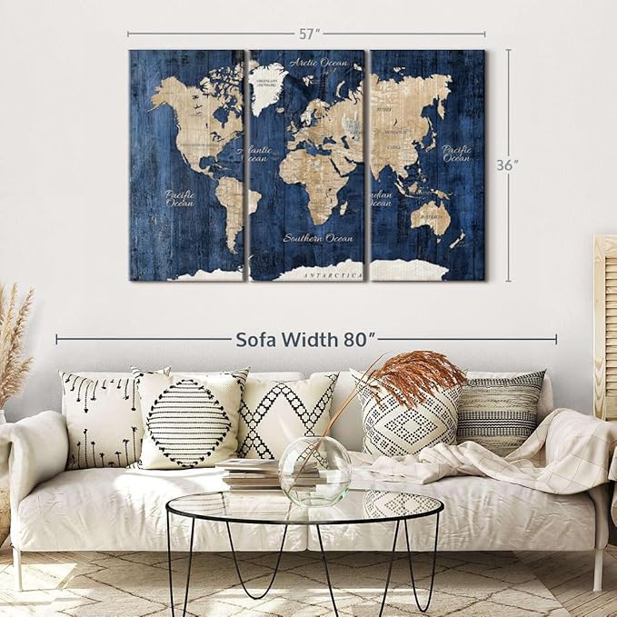 ElephantStock Aged Blue World Map II Canvas - 3 Panel Wall Decor - World Map Digital Art - Blue Wall Art - 57" X 36"