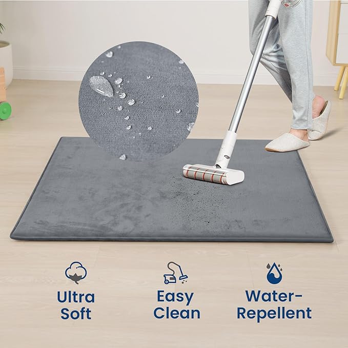 Baby Play Mat for Floor,Extra Large 59"×71" Playpen Mat for Tummy Time,Thicker Elasti Foam Mat for Toddler,Infant,Kids,Water Repellent Ultra Soft Velvet,Non-Slip Backing Safe for Crawling(Dark Grey)