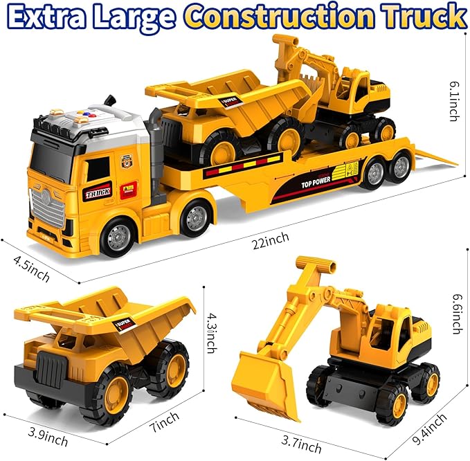Toddler Boy Toys for Ages 3 4 5 6 7 8 Years Old, 25" Large Construction Carrier Truck Toy Excavator and Dump Truck, Friction Powered Vehicle with Lights & Sounds, Birthday Gift for Boys Girls