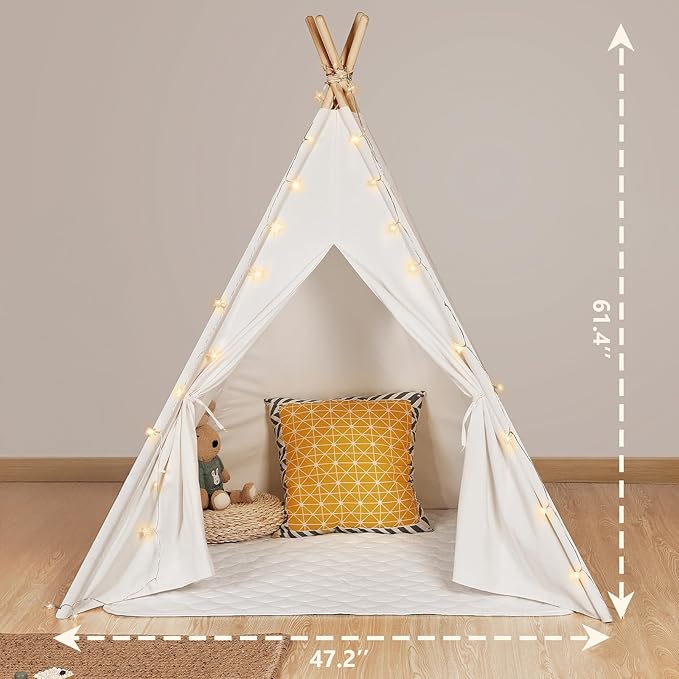 Sumbababy Teepee Tent for Kids Tent Indoor with Mat - Cotton Canvas White Toddler Tee Pee Tents Play House- Collapsible Tents for Slumber Party - Washable Tipi Boho Bedroom Gift Toys for Girls & Boys