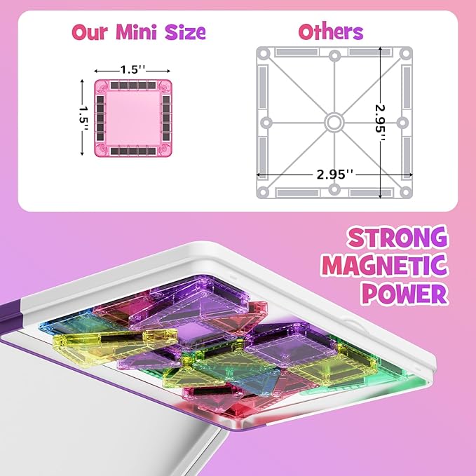 Mini Magnetic Tiles, 40PCS Magnetic Building Blocks with Iron Box, Magnet Toys Travel Size On-The-Go Construction Set STEM Travel Toys for Boys and Girls Ages 3+