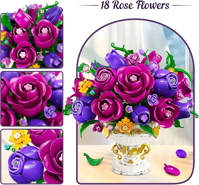Purple Rose Flower Building Set with Vase, 969 PCS Botanicals Flowers Bouquet Building Block Kit, 18 Rose Bonsai Plant Collection Home Decor, Birthday Gift for Adults Women Boys Girls 12+