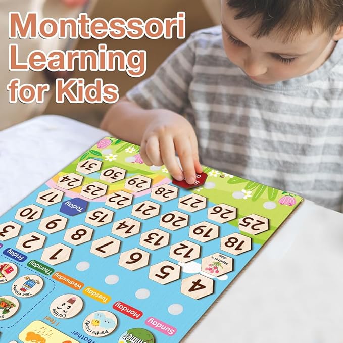 Interactive Calendar for Kids Ages 3+, Wooden Toddler Calendar, Teaching Seasons, Years, Months, Days of Week, Daily Activity Calendars for Kid Preschool & Homeschool (12 x 15 inches)