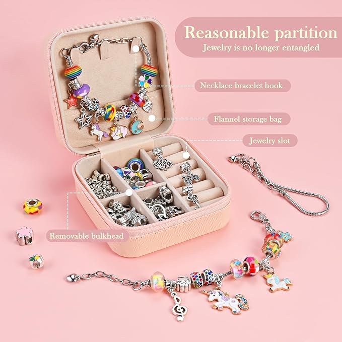 Charm Bracelet Making Kit for Girls Ages 3-12 | 165 Pcs Jewelry Making Kit Supplies for Adults | DIY Jewelry Crafts with Nice Box | Unicorn Mermaid Themed Gift for Kids Birthday Christmas Party