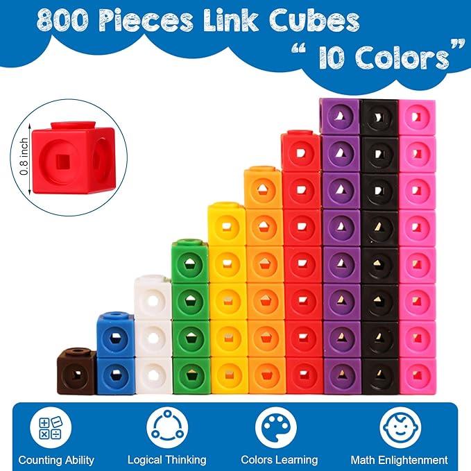 Poen 800 Pcs Linking Cubes for Math Counting Blocks Colorful Manipulatives Cubes Toy Connecting Blocks Education Learning Math Construction Toy for Kids Ages 4-8 Stem Activity