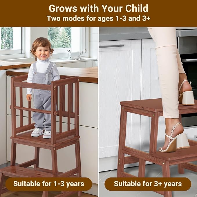 COSYLAND Toddler Kitchen Stool Helper – Stable A-Frame Design Kids Kitchen Step Stool with Protective Crossbar – Wooden Toddler Standing Tower for Learning in Bathroom (Brown)