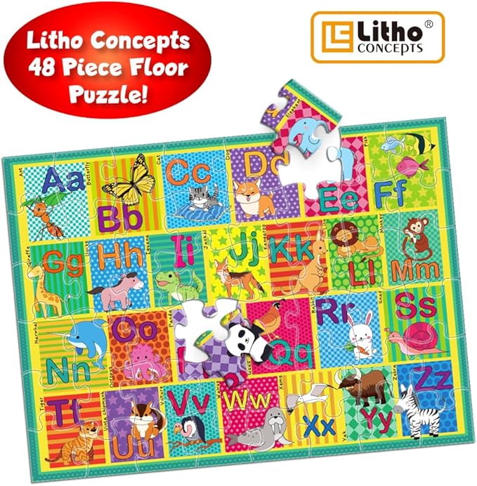 Floor Puzzle for Kids,48 Pcs Animal Letter A-Z Alphabet Puzzle,Vivid Animal Design Letter Games for Preschoolers,Learning Educational Toys for Boys and Girls,Floor Puzzles for Toddlers 3 and up