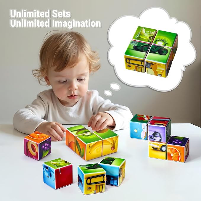 Magnetic Blocks for Toddler Toys, 6 Packs Total 24 PCS in 36 Patterns, Pack of 6 Random Themed Puzzles Bundle, Sensory Montessori STEM Travel Toys for Kids