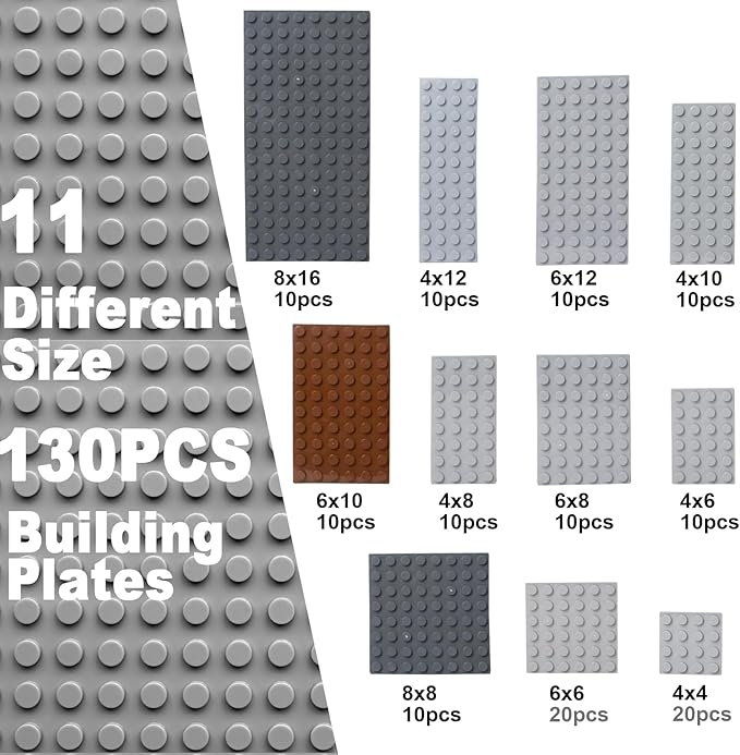 130 Pieces Classic Building Plate, 3 Color with 11 Size Baseplate, Base Plates Compatible with Lego Parts and Pieces, Building Bricks, for Most Brands (Dark Grey, Light Grey, Brown)