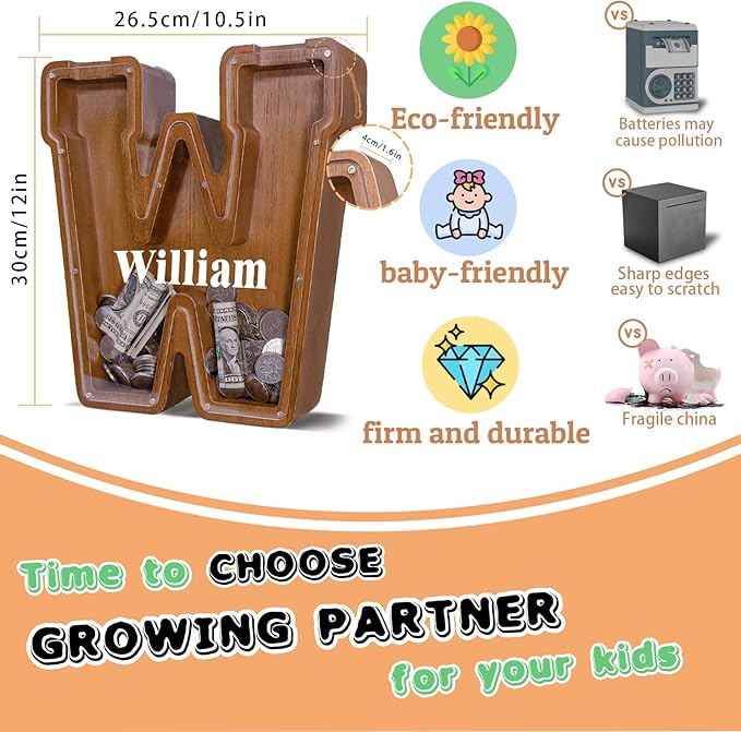 Wooden Letter Piggy Bank for Kids Larger Letter Piggy Bank for Boys and Girls Personalized Piggy Bank Initial Coin Bank Wood Kids Money Bank for Birthday and Festival