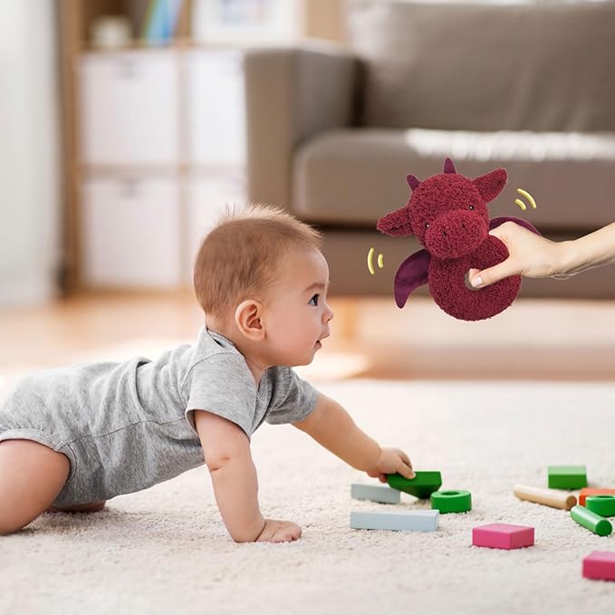 Baby Dragon Soft Rattle Toy, Plush Dinosaur Infant Shaker Rattle Easy-Grasp Stuffed Animal Toy, Gifts for Newborns Babies Toddlers Boys Girls, Wine Red, 6 Inches