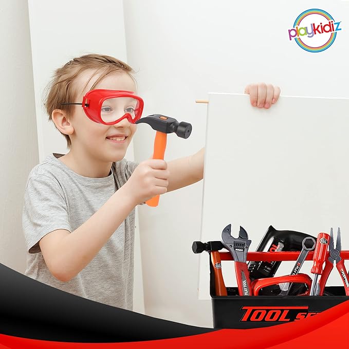 Playkidz Tool Box for Kids 22-Piece Boys & Girls Construction Toy Playset w/Carry Chest, Working Push Button Power Drill, Hammer, Screwdriver, Wrench, Pliers, Saw & Other Realistic Tools Ages 3+