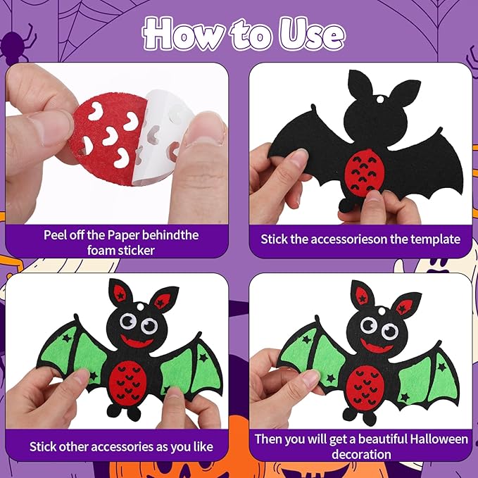DIYASY 12 Pcs Halloween Craft for Kids, Make Your Own Foam Stickers Pumpkin Bats Craft Kits Arts and Crafts DIY Kid Friendly Halloween Decorations Games Party Activities Supplies Age 3-5 4-8
