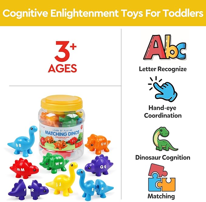 ABC Letters Matching Dinosaur Toys, Double-Sided Alphabet Learning Toy Birthday Valentine's Gifts for Kids : Uppercase Lowercase Letters Sorting and Matching Game, Party Favors Back to School Goodies