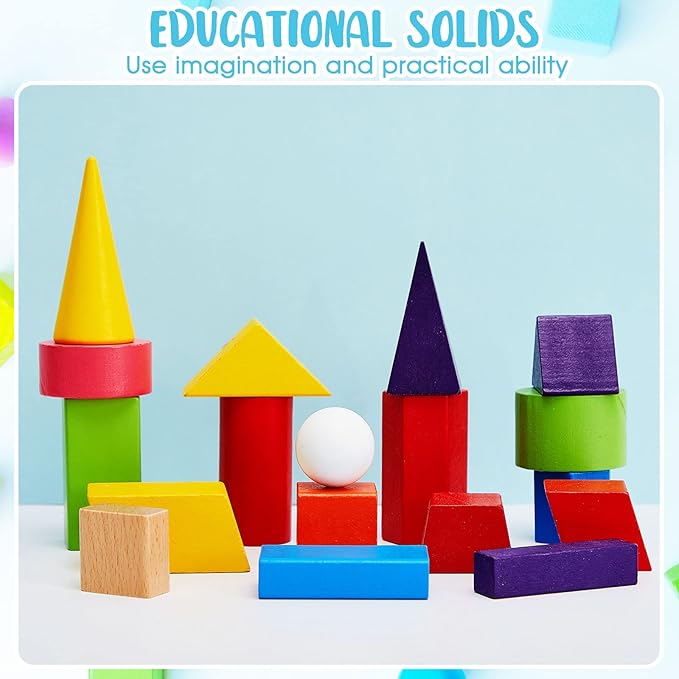 Deekin 18 Pcs Large 3D Shapes for Teaching Math Manipulatives Geometric Solids Blocks Montessori Learning Toys Blocks Solid for Preschool Elementary Kindergarten Home School Supplies (Wooden Shape)