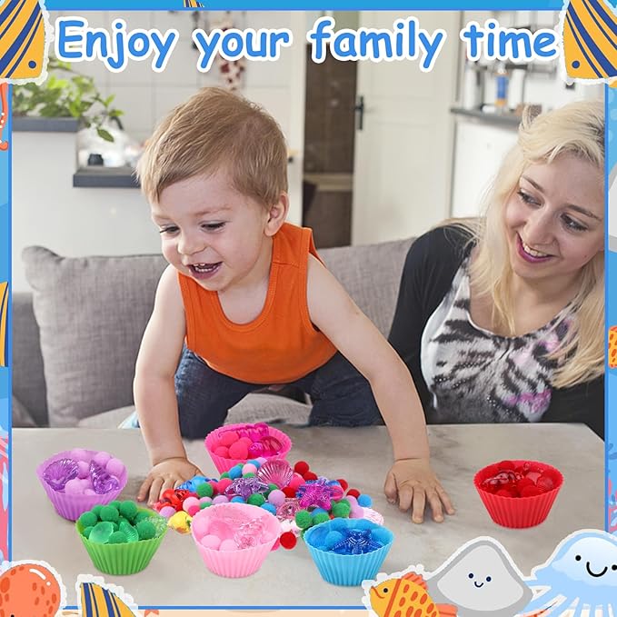 355 Pcs Summer Beach Sensory Bin Filler Fine Motor Toys Counting Sorting 200 Felt Toys 140 Resin Beach Creatures 8 Tweezers 6 Silicone Plates 1 Storage Box for Counting Sorting DIY Crafts(Summer)