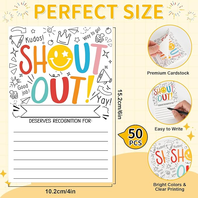 50Pcs Shout Out Card, Appreciation Cards for Teachers Students Employees Office Staff, Kudos Cards Team Classroom Good Behavior Incentive, Motivational Card for School or Workplace (Smiley Face)