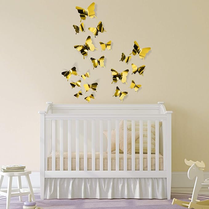 BBTO 48 Pieces Butterfly Wall Decor DIY Mirror 3D Butterfly Stickers Removable Decals for Home Bedroom School Bathroom Living Room Decor(Gold)