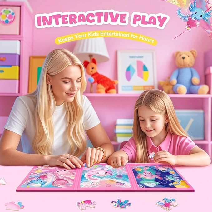 Magnetic Jigsaw Puzzles for Toddlers Kids 3-8 Girls,(3 36-Pieces) Travel Puzzles Toys for Kids Ages 4-6,Take-Along Car Airplane Road Trip Activities Game for 3 4 5 6 7 8 Year Old Birthday Gift,Axolotl