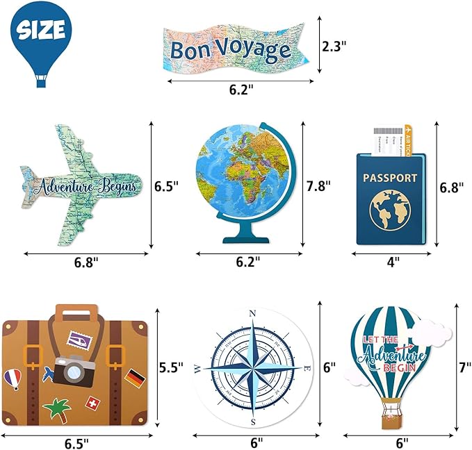 52 PCS Travel Themed Party Decorations Set Let the Adventure Begin Banner Centerpieces Sticks Hanging Swirls for Bon Voyage Retirement Farewell Party World Awaits Birthday Baby Shower Decor Supplie