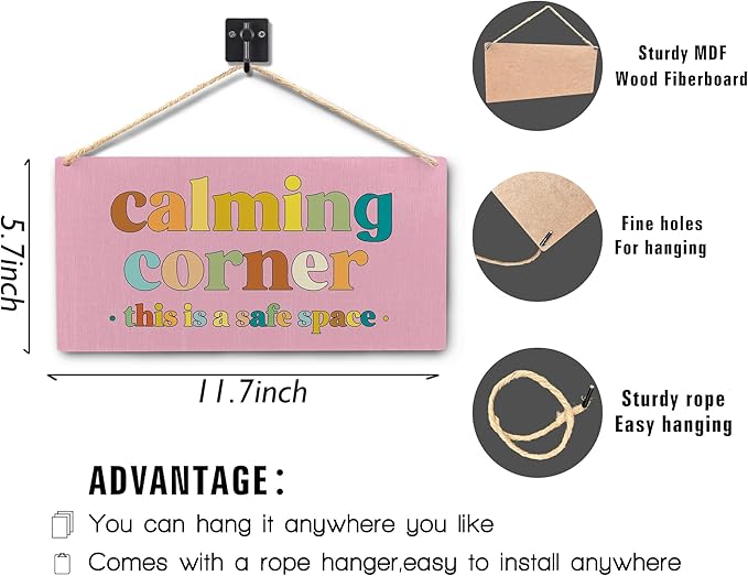 Calming Corner Hanging Wood Sign Plaque - Safe Space, Classroom Decor, School Counselor Office, Calm Down Corner Decorations, Boho Decor (Pink), 12x6