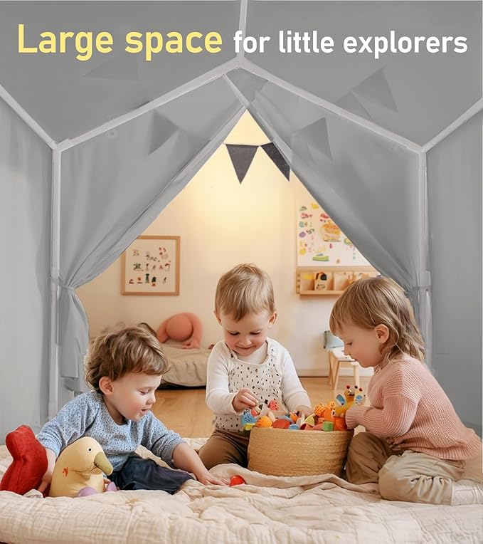 Kids Tent, Play Tent with Star Lights, Large Play Tents with 2 Windows, Kids Playhouse Indoor & Outdoor, Reading Nook, Christmas Toddler Tents for Girls & Boys, 52" x35" x 51", Gray