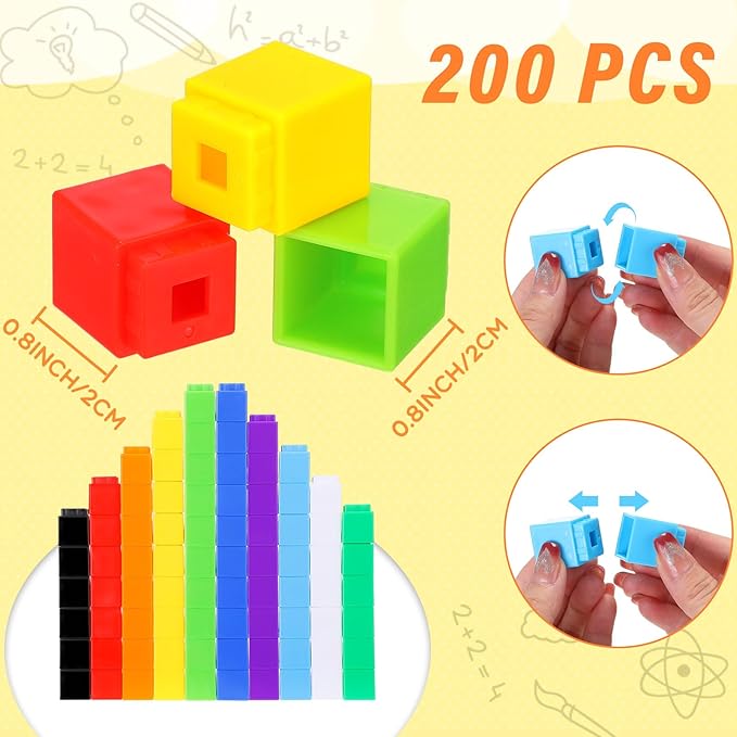 Jenaai 200 Pieces Linking Cubes for Math Counting Cubes, Plastic Counting Blocks, Colorful Math Manipulatives Classroom Learning Supplies for Preschool Activities Boy Girl(Simple Style)