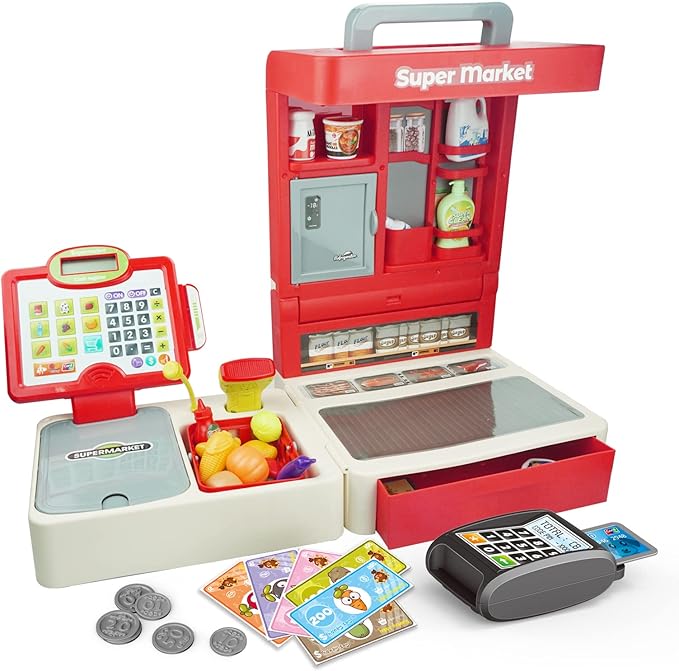 RedCrab Cash Register Toy for Kids,Toddler Store Pretend Plays Supermarket Calculator Cash Register Gift with Scanner, Play Money, Play Food for Boys & Girls