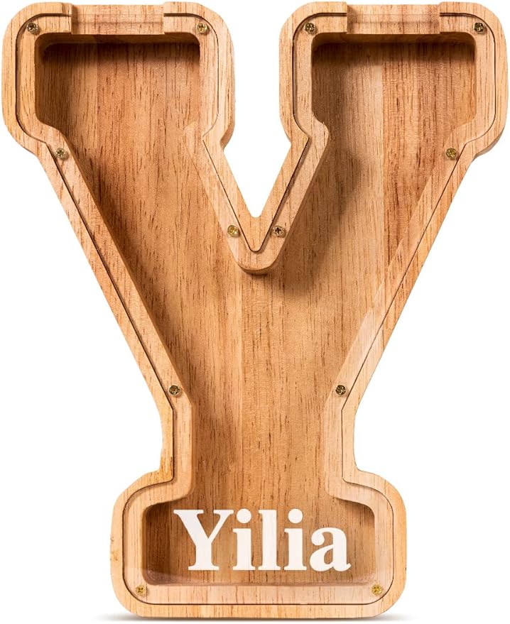 Summidate Customized Name Large Wooden Piggy Bank for Kids Boys Girls Alphabets Letter A-Z Coins Bills Money Change Bank Box Initial on Clear Cover (Laser Engraved) (Alphabet-Y, Personalized-9")