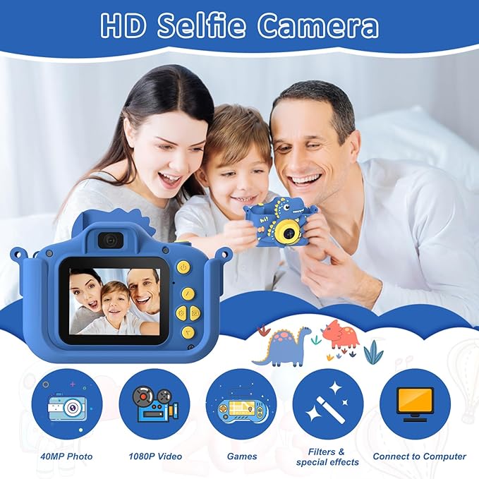 Dinosaur Kids Camera, Toddler Camera, Christmas Birthday Gifts Toys for Boys Age 3-12 Years, HD Selfie Kid Digital Camera with 32GB Card, Dinosaurs Toys for Kids 3 4 5 6 7 8 Years Old Gift (Blue)