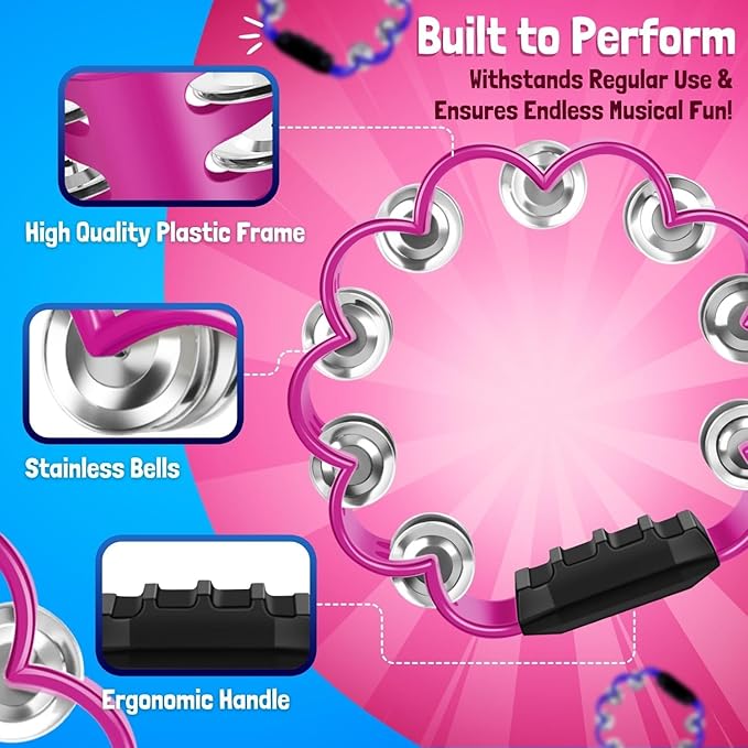 Flexzion Flower Tambourine - 8 Inch Handheld Percussion Instrument w/Metal Jingles & Ergonomic Grip - Small Tambourines for Adults, Kids, Church, Parties, & Musical Events (2 Pack - Blue & Pink)