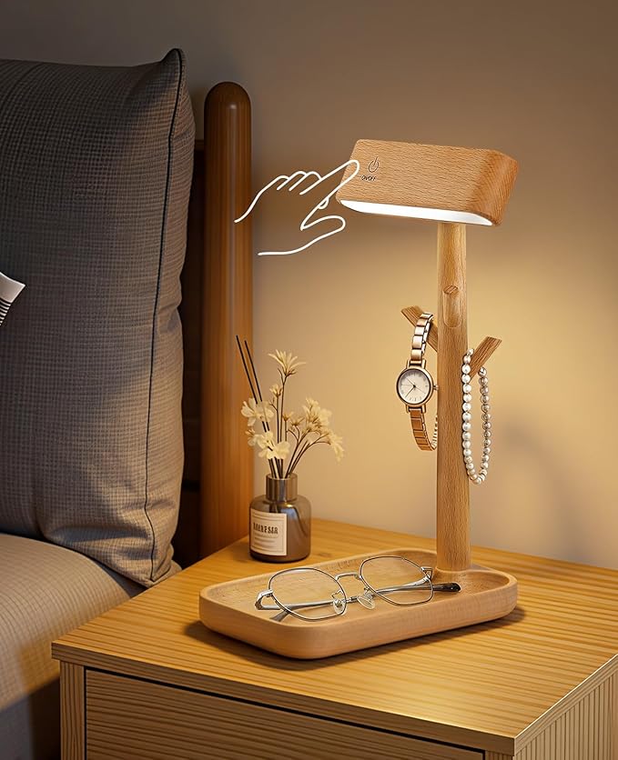 Wooden Table Lamp Tree Trunk Wood Column Rechargeable Led Desk Lamps Magnetic 360°Rotate Battery Powered Wall Night Lights for Bedside Living Edge Table (Beech)
