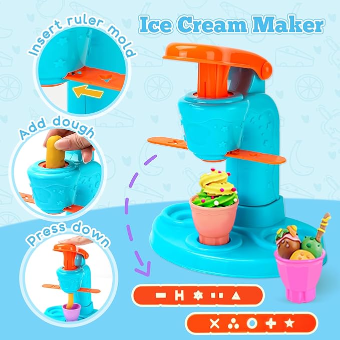 3 in 1 Dough Sets 59 PCS for Kids Ages 4-8, Dough Tools Kit with Ice Cream Noodle Hamburger Maker Machine, Kitchen Creations Art Crafts Food Play Toys for Boys Girls Kids Toddlers Ages 3+