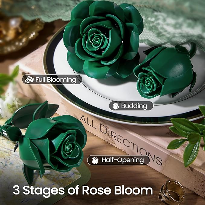 iATOM Green Rose Bouquet Building Set, Artificial Flowers Botanical Collection for Adults, Gift for Valentines Day & Christmas - Retro Home Office Table Centerpiece Decor - IA11018