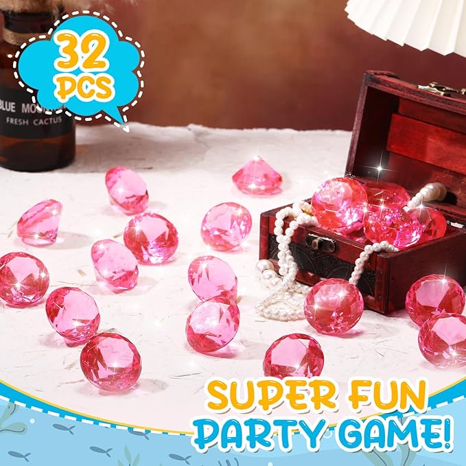 Zomiboo 16 Pcs Acrylic Diamond Large Gems Pirate Round Treasure Toy Gems Treasure Round Gemstones Acrylic Diamond Shaped Gemstones for Home Table Vase Fillers Party Decor (Pink)